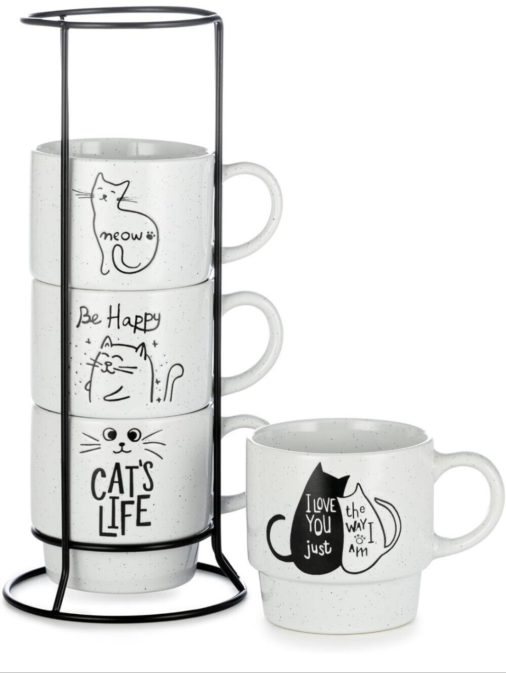 Stackable Cat Mug - White Speckled Ceramic